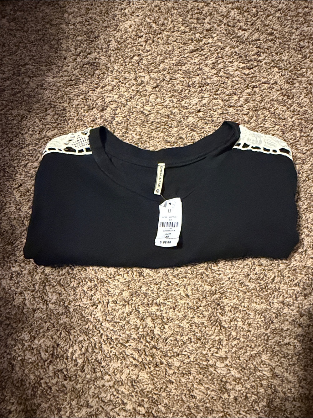 Emma & Sam Black Top with Cream Crochet Shoulders